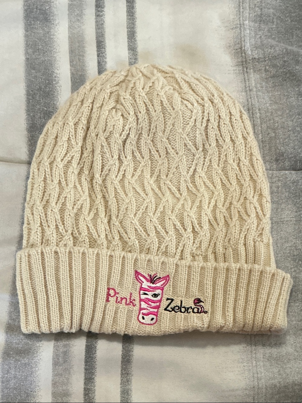 Pink Zebra Cream Cable Knit Hat with Embroidered Zebra